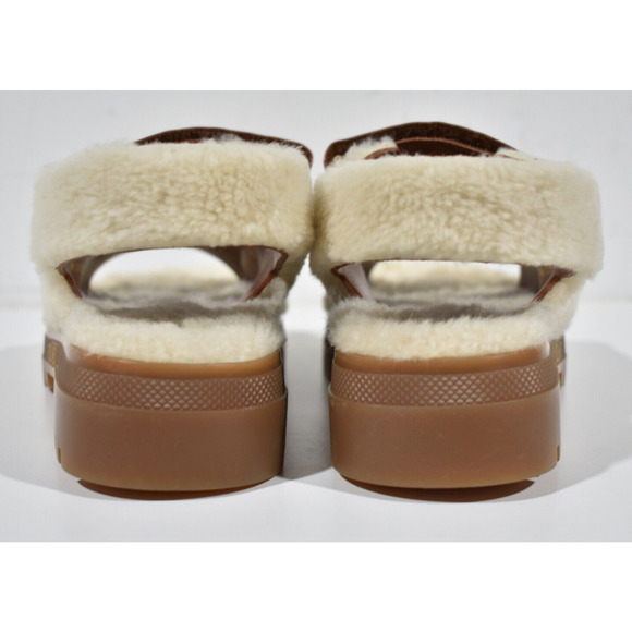 Celine Leo Scratch Sandal Shearling Fur Tan Leather Logo Strap Platform Flat 40 - Picture 11 of 12